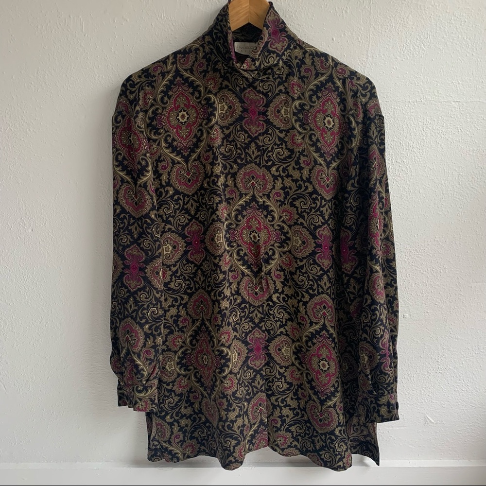 Dana Buchman Petites | 100% Silk Baroque High Collared Top -Size 8